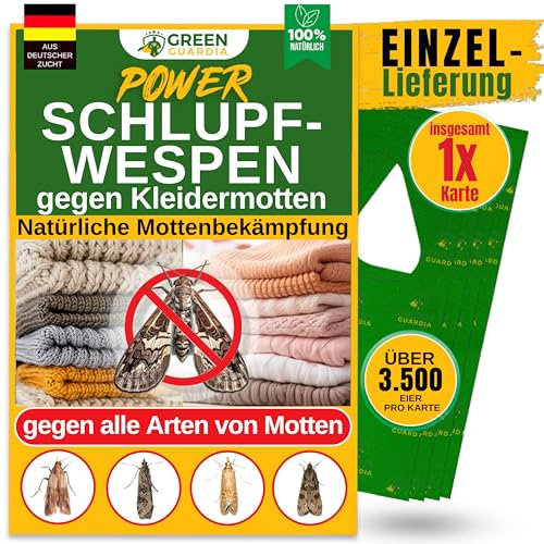 GREEN GUARDIA Avispas eclosionadas contra polillas de la ropa – 1 tarjeta de 1 entrega – lucha eficaz contra polillas / alternativa ecológica y ecológica a la trampa de polillas, aerosol para