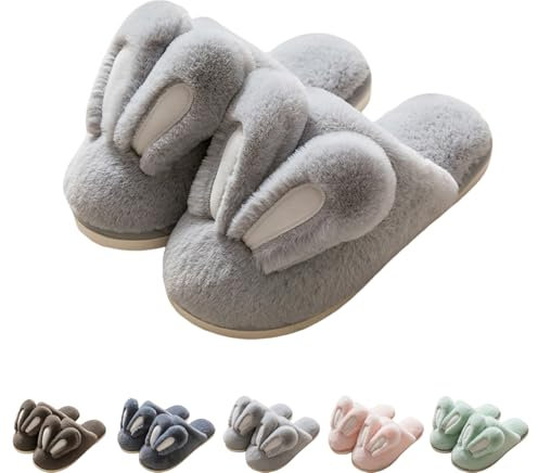GDKRTNAJ Hasen-Hausschuhe für Damen und Herren, süße, rutschfeste, Flauschige Hausschuhe mit Hasenohren, weiche Plüsch-Hausschuhe mit Cartoon-Tiermotiv (Light Grey,40/41)