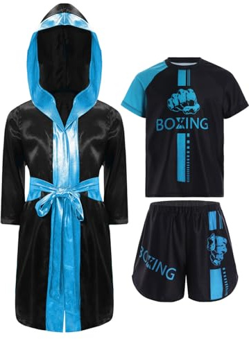Oyolan Barn pojke boxningsshorts och T-shirt badrock boxningsklänning huvtröja set Muay Thai MMA sparkar boxning, Himmelsblå, 13-14 ans
