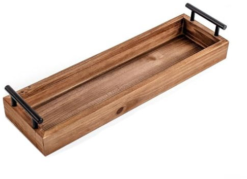 SOMEDA® Holz Tablett mit Metallgriffen/Bad Seife Ablage Deko Teelicht Accessoires Ständer Tray/rustikales Holz Braun / 41x12 cm