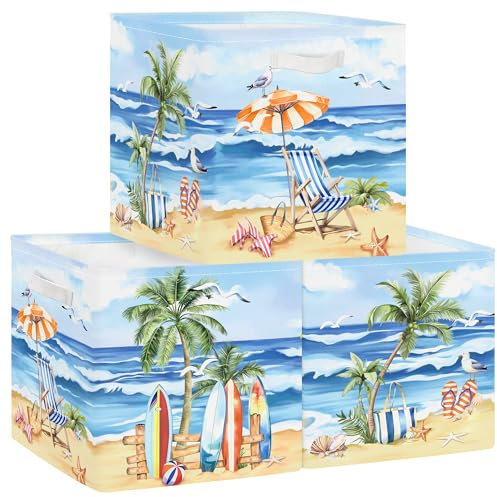 Clastyle Set di 3 Scatole Portaoggetti Estate Mare Cubo di Stoccaggio per Armadio Vestiti Cesto Scaffali per Donne Bambini Scrigno dei Giocattoli e Libri per All'aperto, Palma, 30x30x30 cm