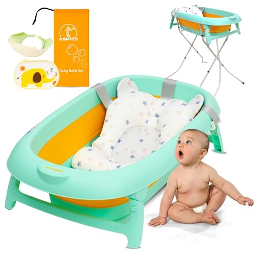 JIRAFFITY | Bañera plegable bebé con soporte – bañera bebé con patas, cojin ajustable, tapón termosensible, 0-3 años – bañera bebe plegable con estructura estable y bolsa de baño