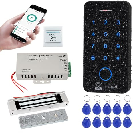 FUSYTULY WiFi Tuya APP Sistema Controllo Accessi IP68 Tastiera Biometrica RFID 125KHz 13.56MHz Serrature dell'impronta Digitale + 180KG Serratura Magnetica Elettrica, Carte Chiave 10PCS