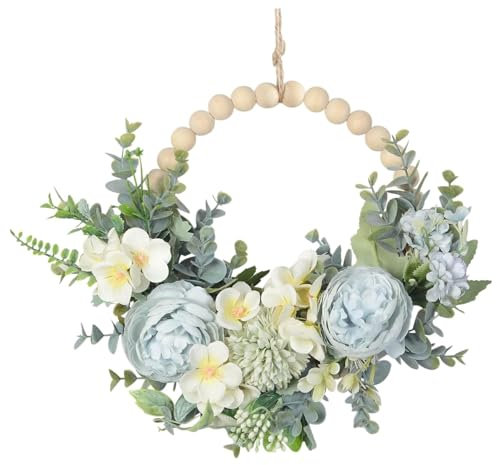 Spring Wreaths for Front Door, 14x9 Lifelike Floral Blue Wreath with Wood Bead, Flowers and Green Leaves, Hanging Door Wreath for Home Wall Window Decor, Door Wreath, Spring Wreaths for Front Door