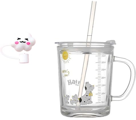 Banzimiao Tasse à lait avec Paille, Tasse de Lait Verre Transparent avec Paille Tasse de Lait Résistant à la Chaleur pour café, jus de fruits, thé glacé, petit chien, 350ML