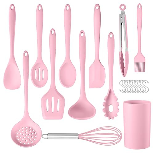 Herogo Küchenhelfer Set, 22-teiliges Silikon Kochbesteck Rosa Kochlöffel | Hitzebeständiger Küchenutensilien Kochutensilien mit Utensilienhalter, Gesund & Antihaft Küchenset, Spülmaschinenfest
