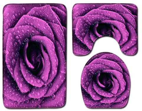 Badezimmerteppich Lila Elegante Blume WC Vorleger mit Ausschnitt WC Deckelbezug 3 Teiliges WC Teppich rutschfeste Badgarnitur U förmiger Badematte Waschbar Bad Teppiche Set 45x75 cm