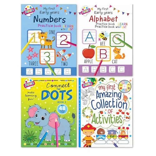 Sixstore Set med 4 aktivitetsböcker för barn, rolig pedagogisk, målarbok Connect The Dots övningsversalbokstäver, siffror mina första tidiga år, alfabet, A4-storlek för åldrarna 4, 5, 6, 7+