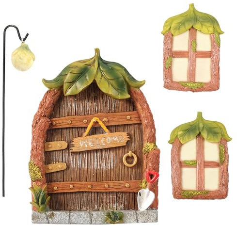 Mini Fairy Garden Cabin Door Ornament, Home Resin Decoration Accessories for Tree Statues, Glow In The Dark House Fairies Pixie Gnome Gardening Gifts for Men Women Girls Children(Leaves Style)
