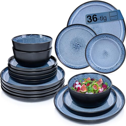 SÄNGER Aruba Steingut Geschirr Set 36 tlg, Teller Set 12 Personen | 12x Speiseteller 12x Müslischalen 12x Dessertteller, Tafelservice blau mit schwarzem Rand kratzfest