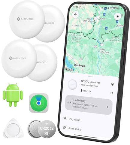 NOVOO Air Tag Tracker, Mini Bluetooth Smart Tracking Tag Compatible with Apple (iOS) & Google (Android) Find My, Loud 80dB Alarm, Replaceable Battery, GPS Tracker for Keys, Passport, Luggage (4-Pack)