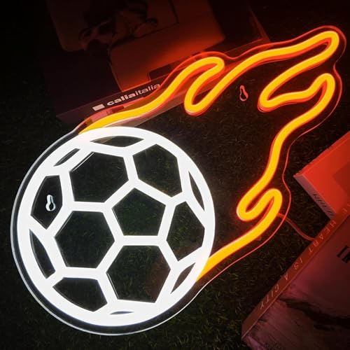 NEON LED Licht, dekorative Wand-Leuchte, Fußball brennend, weiß orange, ca. 35 x 26 x 2 cm, Deko-Licht, Wohnzimmer, Gaming-Zimmer, Nachtlicht für Schlafzimmer, Gamer Design-Lampe, USB-Betrieb