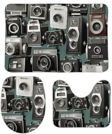 DDTKLSNV Juego de 3 alfombras de baño antideslizantes y absorbentes, con cubierta de tapa de inodoro, colección retro de cámara, tapetes suaves para baño, cocina, puerta, decoración del hogar