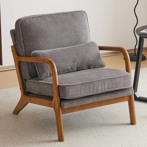 Bonnlo Cocktailsessel, Moderner Loungesessel, Ohrensessel für Wohnzimmer, Polsterstuhl mit Massivholz, Lesesessel, Cord-Stoff (Grau)