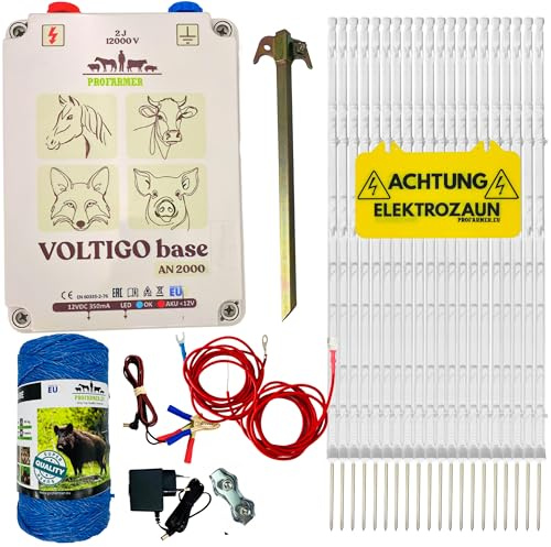 Starkes Weidezaungerät 12V/230V 4,8J – Elektrozaun Komplettset inkl. 250m Litze, Zaunpfähle, Erdung – Für Wildschweine, Wölfe, Rehe, Pferde, Rinder, Hunde