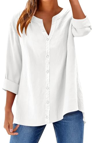 Rapbin Damblus, elegant bomull, V-ringad skjortblus, långärmad button down, lös långärmad skjorta, enfärgade toppar, blusskjorta, Vit, XXL