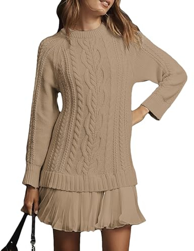 Momuk Robe Pull Femme en Tricot Torsadée Pull à Col Rond et Manches Longues et Mini-Jupe Plissée Robe Patchwork Deux en Un (Kaki S)