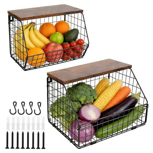 NGOSUET 2 Etagere Obstkorb Hängend, Hängekorb Küche 2 Etagen, Stapelbar Obstschale Obst Gemüse Aufbewahrung Wand Obstkorb mit Holzdeckel (M und L)