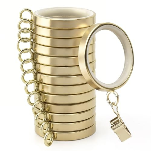 28 PCS Curtain Rings, 1-5/8 Inch Quiet Curtain Rings with Plastic Inserts with Clips Metal Drapery Ring for Curtain Rods Gold