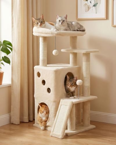 PETEPELA 88cm Kratzbaum für Wohnungskatzen mit breiter oberer Liegefläche, privater Katzenhöhle und Sisal-Kratzsäule，Kratzpad für Wohnungskatzen,beige
