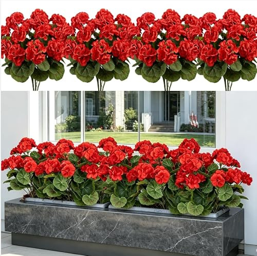 GJFWQC 4 Pack Artificial Geranium Flowers UV Resistant Outdoor Decor | Realistic fake geranium plants for balcony, window boxes, garden, indoor and outdoor home decoration