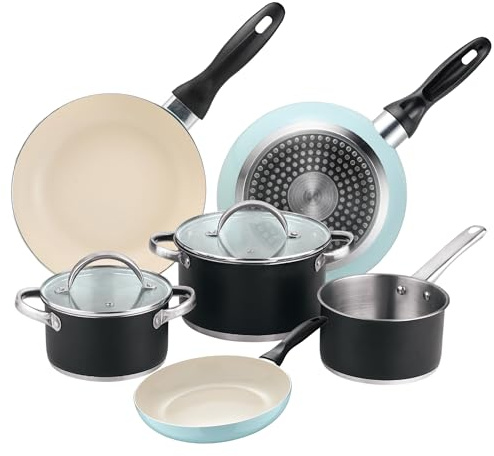 Batería de cocina 5 piezas: Ø16 Ø20 y Ø24 cm en acero inoxidable con tapas + Juego de sartenes Ø16 Ø20 Ø24 aluminio prensado, inducción