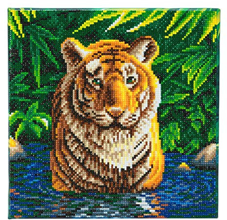 CRYSTAL ART - Kit Tableau Broderie Diamant sur Chassis Toilé - Activité Manuelle de Peinture - Loisirs Créatifs - Adulte et Enfant - Thème : Tigre dans sa Piscine - Format : 30 x 30 cm