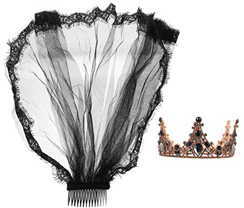 Beaupretty Schwarz Halloween Schleier Schwarzer Brautschleier Barock Tiara Kristallkrone Strass Krone Queen Tiara Krone Vintage Schwarze Krone für Halloween kostüm