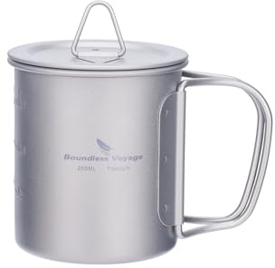iBasingo Tasse Pot de Camping Portable Ultraléger en Titane Outdoor Vaisselle Can Tasse à thé en titane avec anse pliable et couvercle (Ti3033D-200ml)