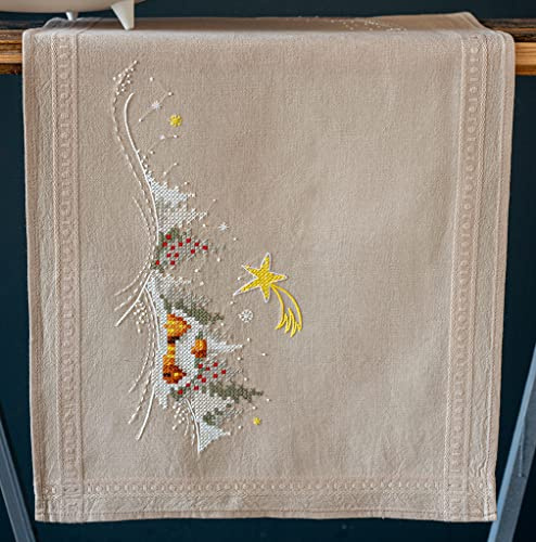 Vervaco Stickpackung Kreuzstich Set Vorgedruckt Tischläufer Winterlandschaft mitStern Stickdecken Vorgezeichnet DIY Basteln Kreativ Stickläufer zum Selbersticken 40 x 100 cm Stickset