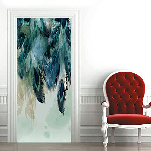 A.Monamour Türtapete Selbstklebend Türfolie Türposter 3D Abstrakter Blumenhintergrund Mit Federn Und Blauem Glänzendem Laub Vinyl Folie Türdeko Tapete Wandbild Türaufkleber Türtattoo 95 x 215 cm