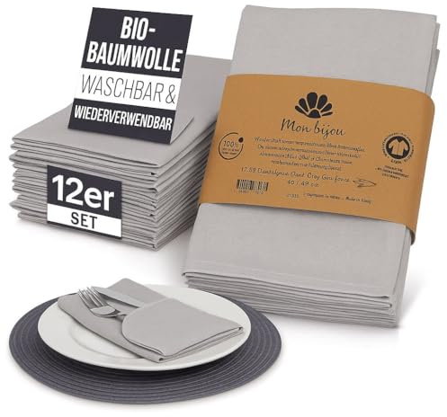 mon bijou® Set 12 Tovaglioli di Stoffa Grigio Chiaro 45x45 cm – 100% Cotone Organico Certificato GOTS – Lavabili Riutilizzabili – Eleganti e Sostenibili per Tavola Natale Pasqua Cucina