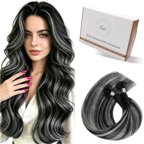 Hetto Extensions Echthaar Bondings, Balayage Naturschwarz mit Silber, 35cm | 50 Strähnen 50g 100% Remy Haar, Invisible Keratinspitze in U-Form, thermische Fixierung, keine Schäden, Natürlicher Look