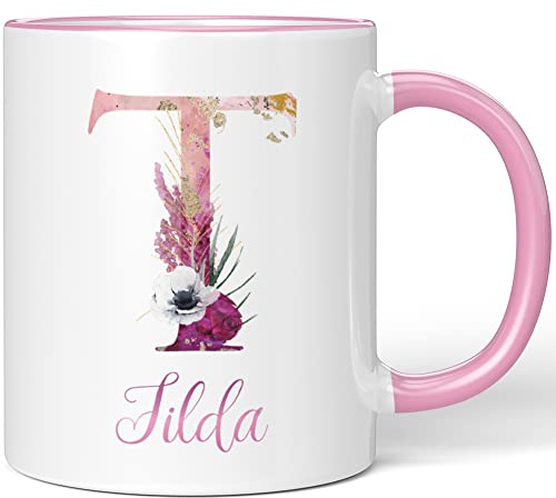 JUNIWORDS Tasse, Tilda, Name Anfangsbuchstabe Initial Alphabet Floral Buchstabe T Monogramm Motiv, Rosa (5546181)