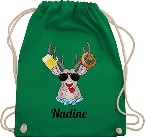 Turnbeutel Rucksack - Kompatibel - Oktoberfest Hirsch mit Brezl und Bier - Unisize - Grün - oktoberfest-tasche trachten turnbuetel trachtenrucksack bayrisch ruckack trachtenrucksäcke bayrisches