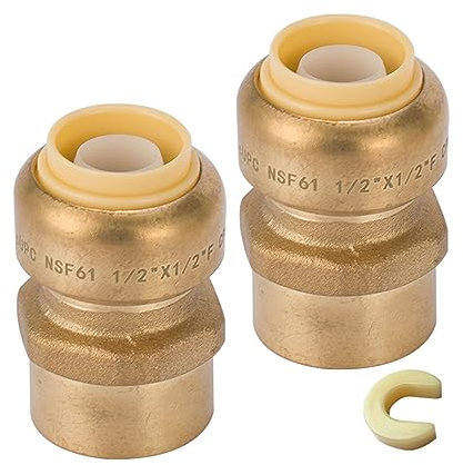GUOFIS 2 Pack Female Adapter,1/2 Inch Push Brass Female Adapter Fitting with Disconnect Clip, Push-to-Connect Plumbing Fittings for Copper, PEX Pipe, CPVC