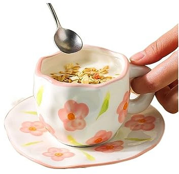 ESOUY Coffee Mug Hand-Painted Flower Ceramic Coffee Cup Home Office Mug with Plate Spoon Breakfast Milk Juice Tea Handle Cup Drinkware Set Tea Cup (Color : 2)