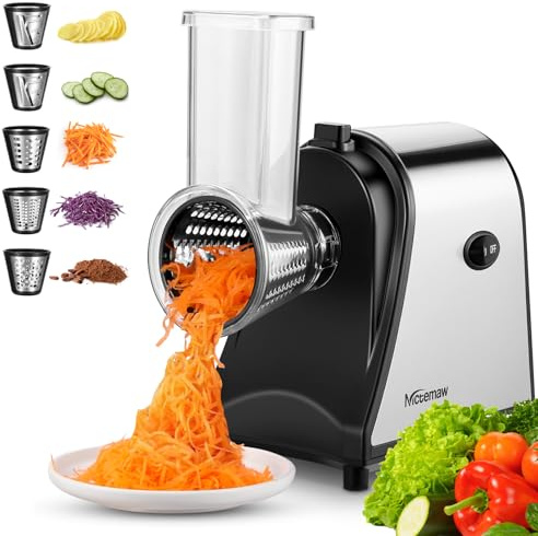 5-in-1 Electric Cheese Grater with 5 Blades – 250W One-Touch Cheese Shredder & Vegetable Slicer for Block Cheese, Fruits, Nuts