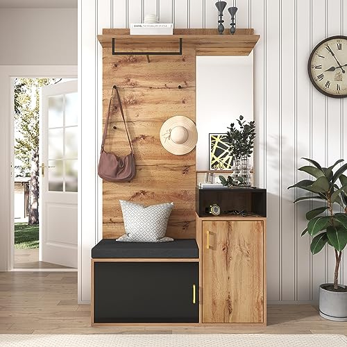 HAUSPROFI Garderobe Set, Flur Garderoben Komplettprogramme mit Schuhschrank Sitzbank, Wandgarderobe mit Ablage, Schlafzimmer Garderobenset, Flurmöbel Garderobe Set (Schwarz, 190.5x105x40cm)