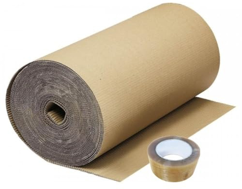 Wellpappe, Rolle 90 cm x 25 m, Verpackungsband 50 mm x 140 m.