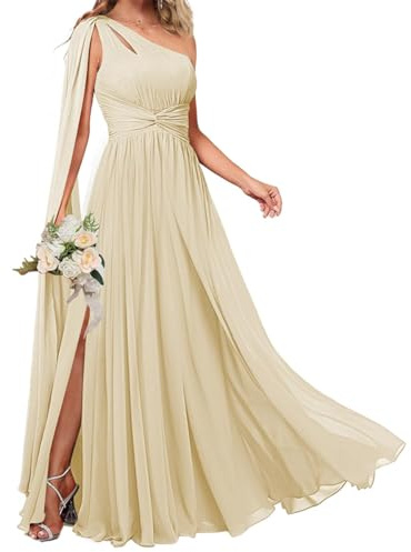 KURFACE Robe de demoiselle d'honneur pour femme avec cape, épaule dénudée, fente latérale, en mousseline, longue, pour mariage, champagne, 38