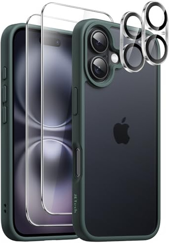JETech 5 in 1 Matte Case for iPhone 16, Dark Green | 2 Tempered Glass Screen Protectors, 2 Camera Lens Protectors, Translucent Back Protective Phone Cover