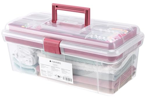 Navaris Cassetta Attrezzi Vuota - Cassetta Porta Attrezzi 38 cm - Scatola Utensili con Chiusura e Maniglia Pieghevole - per Artigianato Cucito e Articoli di Cancelleria - Rosa