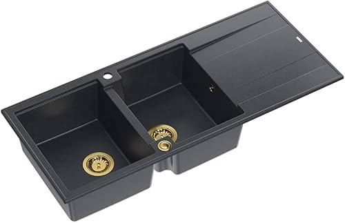 QUADRON Evier double noir, EVAN 121 GraniteQ, Evier de cuisine, 2 bacs en granit en 1160 x 500 x 210 mm, Evier ouvert Push 2 avec siphon avec égouttoir, éléments PVD dorés