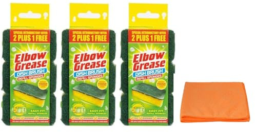9X Elbow Grease Washing Up Brush Refills Sponges - For Tough and Stubborn Stains -with Ultra Absorbent Microfibre Cleaning Cloth