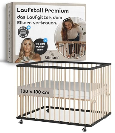 Sämann Baby Laufstall aus Holz I Baby Laufgitter 100x100 cm Schwarz/Natur I Inkl. Matratze Cloud Air I Robuster & höhenverstellbarer Laufstall aus Buchenholz I Mit gummierten Rollen & TÜV geprüft