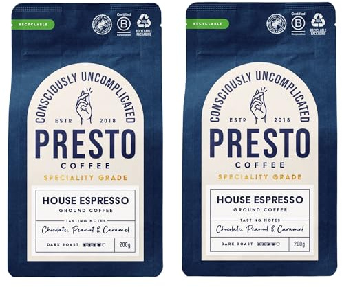 Presto Coffee Espresso Ground Coffee Multipack | 2 x 200g Packs | Chocolate Peanut & Caramel Notes | Dark Roast Level 4/5 | 50% Arabica / 50% Robusta, Rainforest Alliance Certified | Fully Recyclable