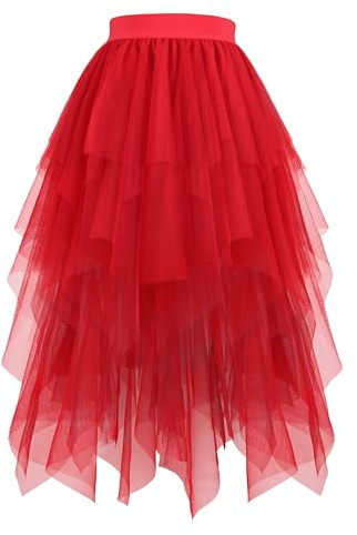Hanpceirs Damen Tüll Röcke A-Linie Midi Tutu Rock | High Low Layered Puffy Fee Röcke, Unregelmäßiger Tutu Rock, Halloween Costumes, Cosplay Skirts, Mesh Skirts, Karnival Costume