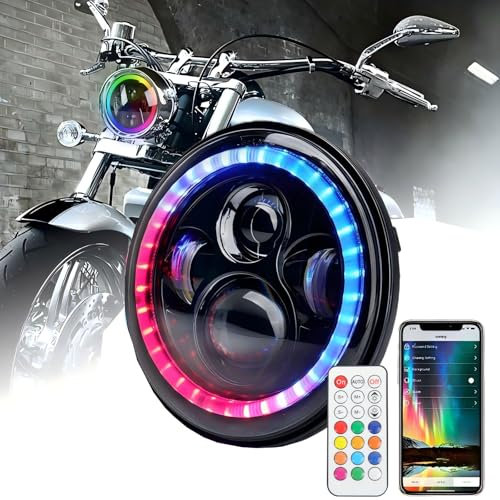 DREAMIZER 7‘’ LED Scheinwerfer Motorrad RGB mit APP und Fernbedienung mit Tanzendem Halo Ring und Bernsteinfarbenem Blinker Kompatibel mit Harley Road King Street Electra Glide J-eep Wrangler JK TJ