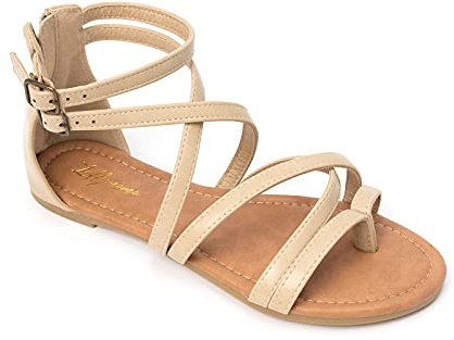 HEVA Women's Casual Strappy Sandals Comfort Adjustable Flat Sandals（3UK 36EU,Beige）